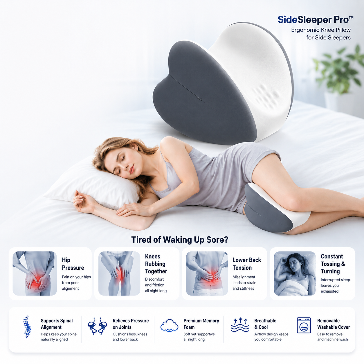 SideSleeper Pro™ | Ergonomic Knee Pillow for Side Sleepers